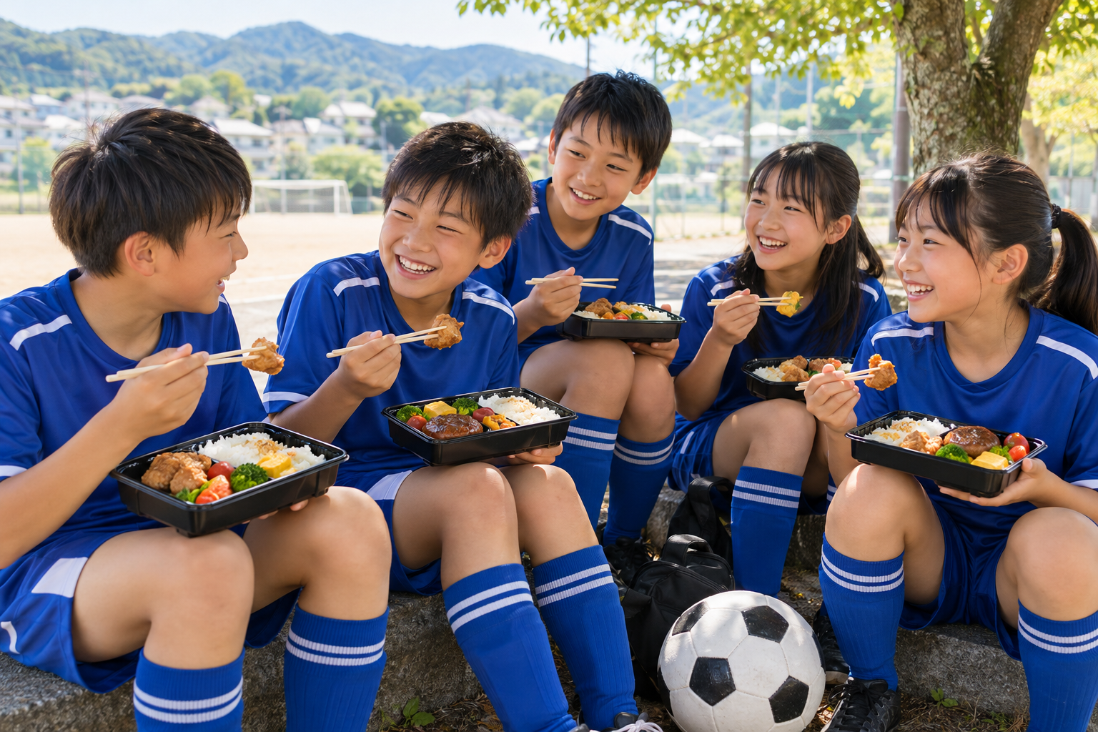 スポーツの合間に子どもたちがお弁当を楽しむイメージ